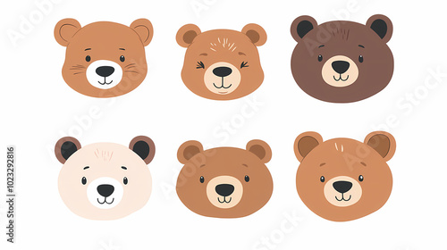 Set Bear card templates. Cute cartoon bear faces,paper art and digital craft style.