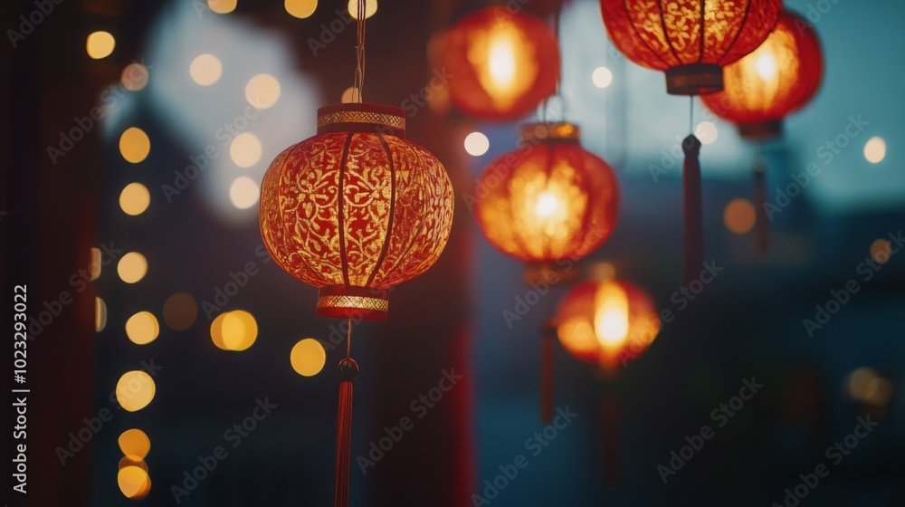 A close-up of hanging red lanterns with golden patterns, glowing softly with blurred lights in the background, festive and warm ambiance. A close-up of hanging red lanterns with golden patterns, glowing softly with blurred lights in the background, festive and warm ambiance.