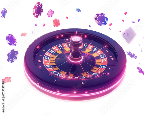 Stylized roulette wheel with colorful chips on a white isolated background. photo