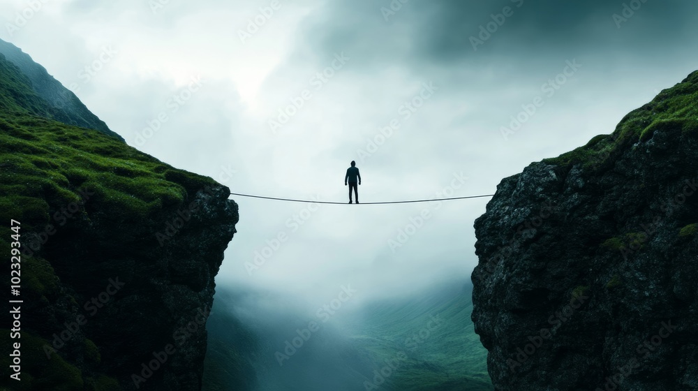 Obraz premium Tightrope stretched between two mountains in a storm, person standing halfway, wind pushing unpredictably, symbolizing navigating life’s uncertainties 