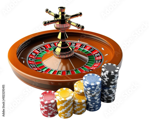 Colorful roulette wheel and chips on a white isolate background. photo