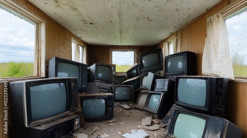Photos Tiny house overwhelmed by giant, unused items like old TVs and broken furniture,