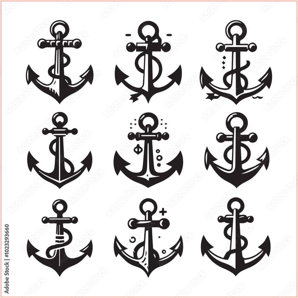 Set of sea anchor symbol set isolated anchor with a heart charm on white background vector illustration


