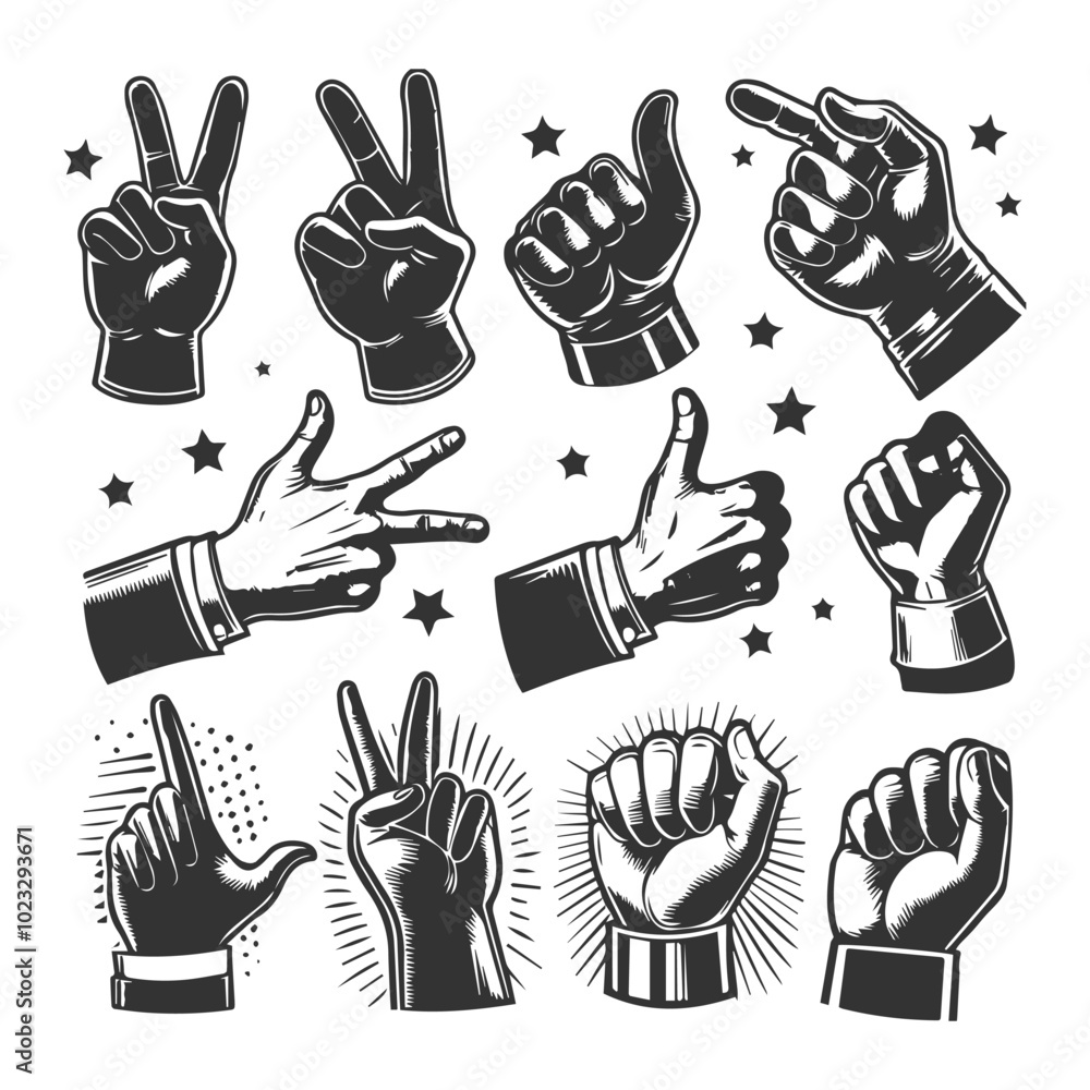 Fototapeta premium set of vintage hand gestures in retro style 