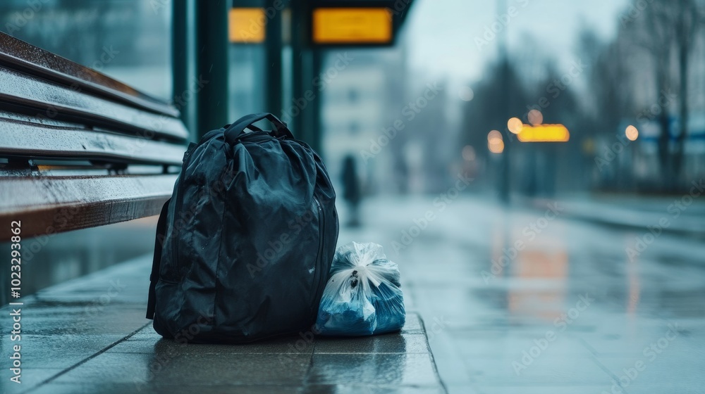 Obraz premium Unattended backpack and a plastic bag filled with clothes under a bus stop shelter, rainy day with gray tones, homeless struggle representation