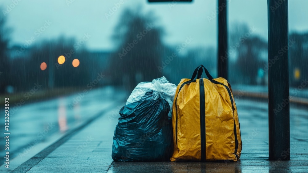 Fototapeta premium Unattended backpack and a plastic bag filled with clothes under a bus stop shelter, rainy day with gray tones, homeless struggle representation 