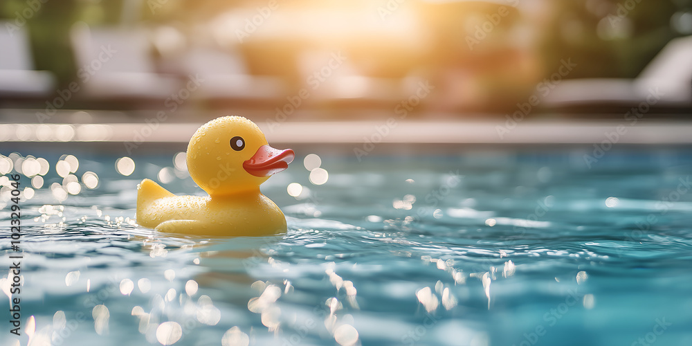 Yellow rubber duck floating in swimming pool with sunlight and bokeh Yellow rubber duck floating in swimming pool with sunlight and bokeh