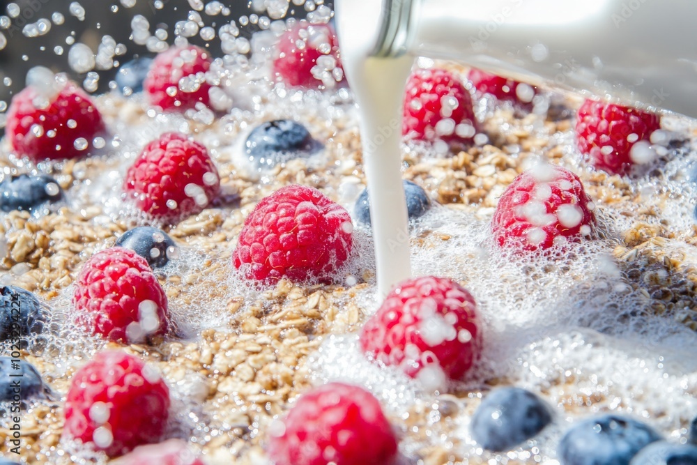 Milk Pouring onto Oatmeal with Raspberries and Blueberries Milk Pouring onto Oatmeal with Raspberries and Blueberries