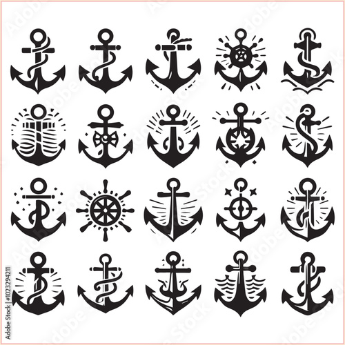 Set of sea anchor symbol set isolated anchor with a heart charm on white background vector illustration


