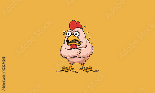 Cartoon chicken with surprised expression and missing feathers