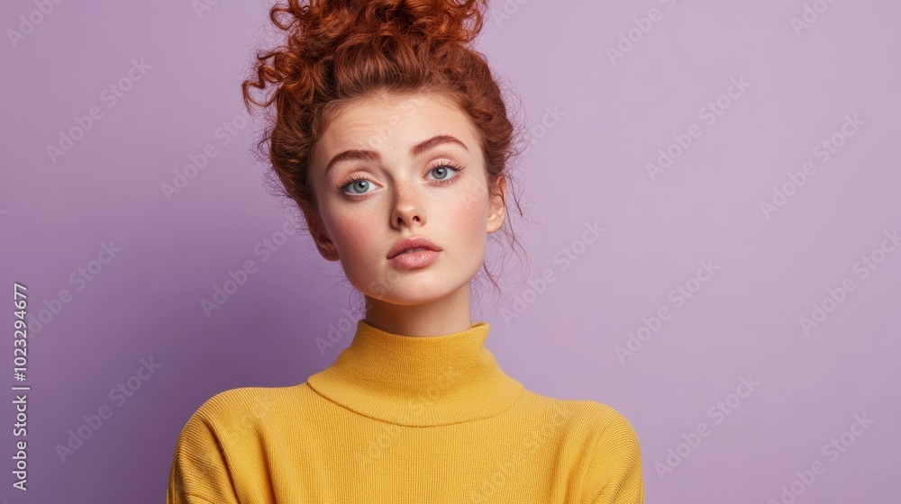 Young woman with a skeptical expression, eyebrow raised, looking sideways, standing against a subtle lavender-to-gray gradient background Young woman with a skeptical expression, eyebrow raised, looking sideways, standing against a subtle lavender-to-gray gradient background