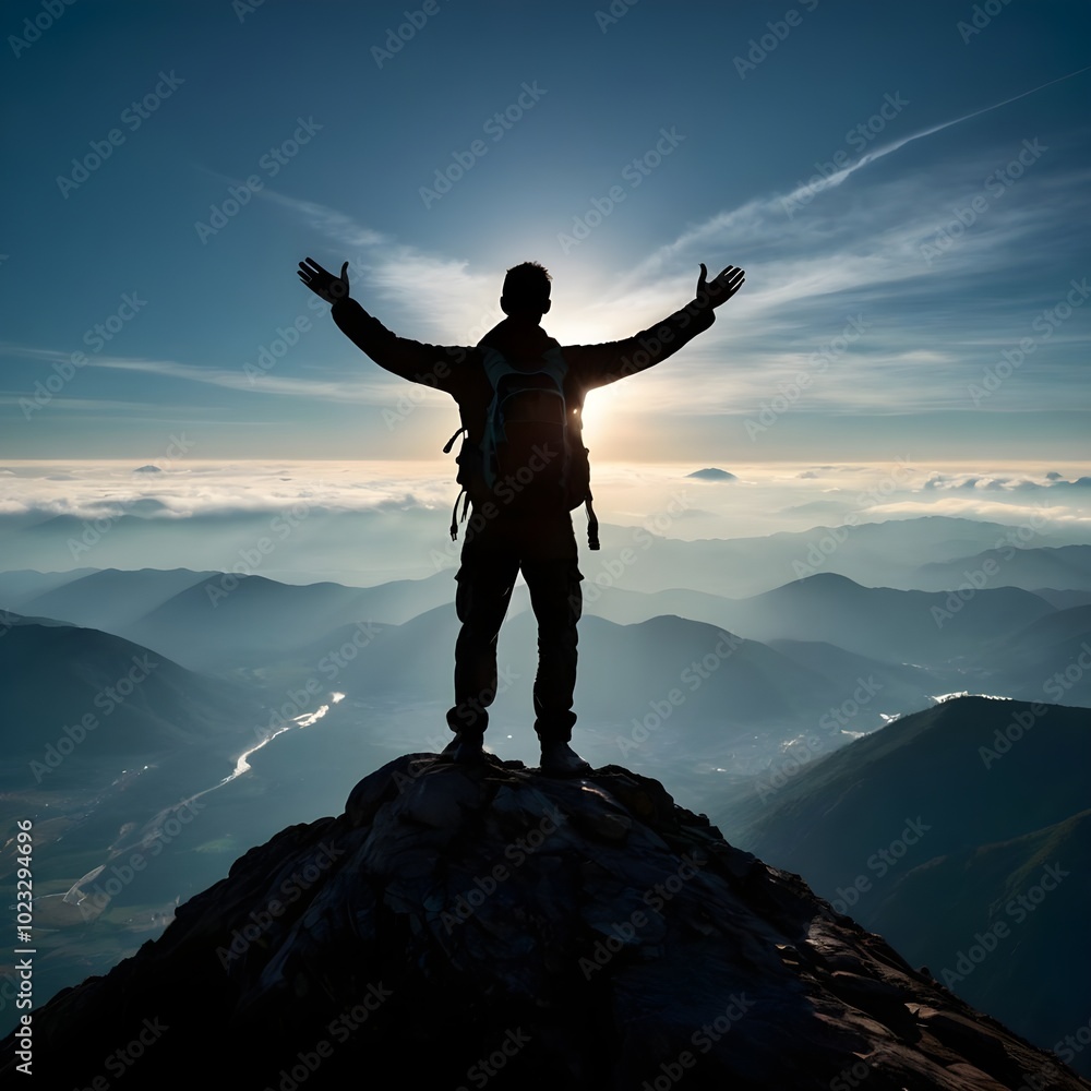 silhouette of a person on the top of the mountain silhouette of a person on the top of the mountain