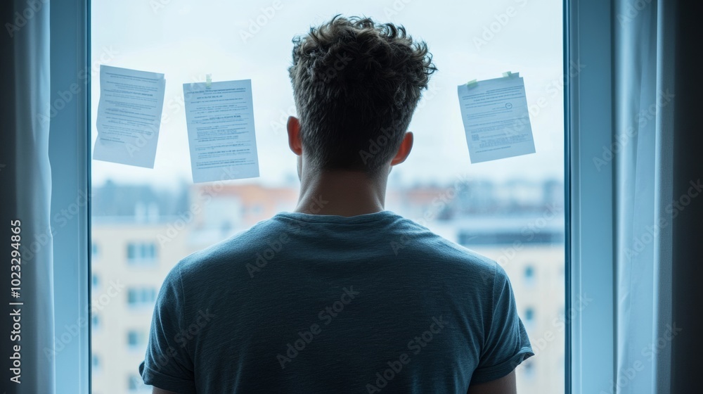 Youth staring out a window with job postings taped to it, soft light illuminating their worried face, crumpled resume in hand, imperfect yet hopeful Youth staring out a window with job postings taped to it, soft light illuminating their worried face, crumpled resume in hand, imperfect yet hopeful