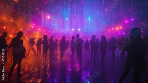 A lively dance floor with friends enjoying the music, surrounded by colorful lights and a festive atmosphere.