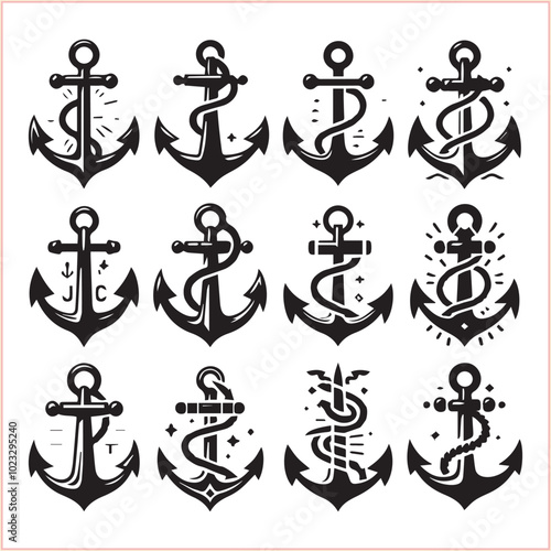 Set of sea anchor symbol set isolated anchor with a heart charm on white background vector illustration


