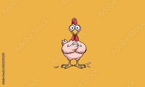 Cartoon chicken with surprised expression and missing feathers