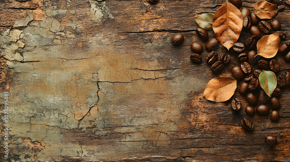 A cluster of roasted coffee beans with dried leaves on a rustic, weathered wooden surface. A cluster of roasted coffee beans with dried leaves on a rustic, weathered wooden surface.