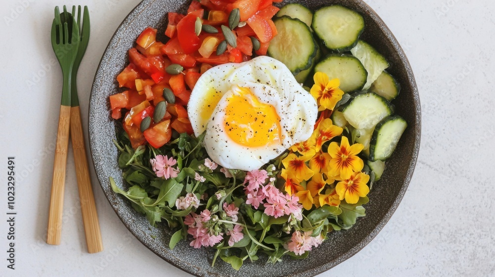 Colorful salad with vegetables, egg, and edible flowers on a plate. Colorful salad with vegetables, egg, and edible flowers on a plate.