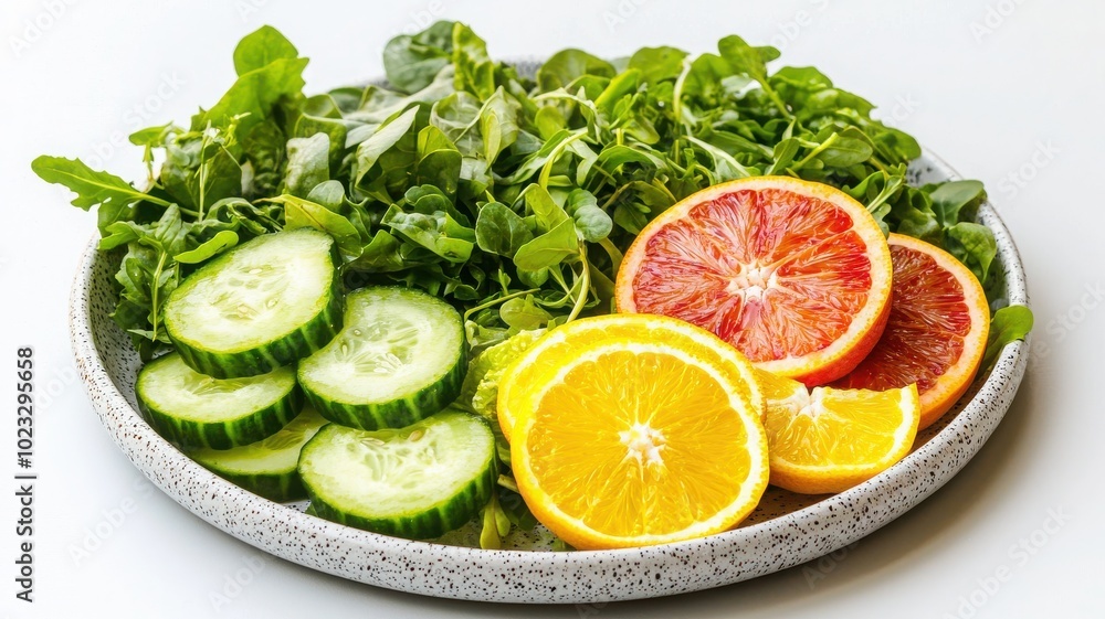 Fresh salad with cucumbers, oranges, and greens on a speckled plate. Fresh salad with cucumbers, oranges, and greens on a speckled plate.