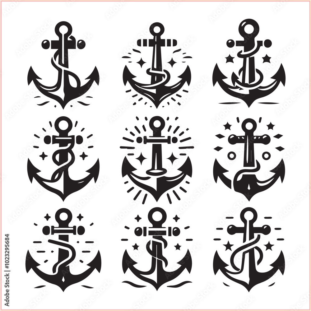 Set of sea anchor symbol set isolated anchor with a heart charm on white background vector illustration Set of sea anchor symbol set isolated anchor with a heart charm on white background vector illustration