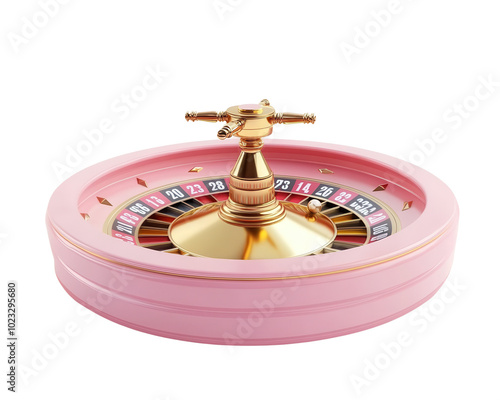 Roulette wheel on a pink base, white isolated background.