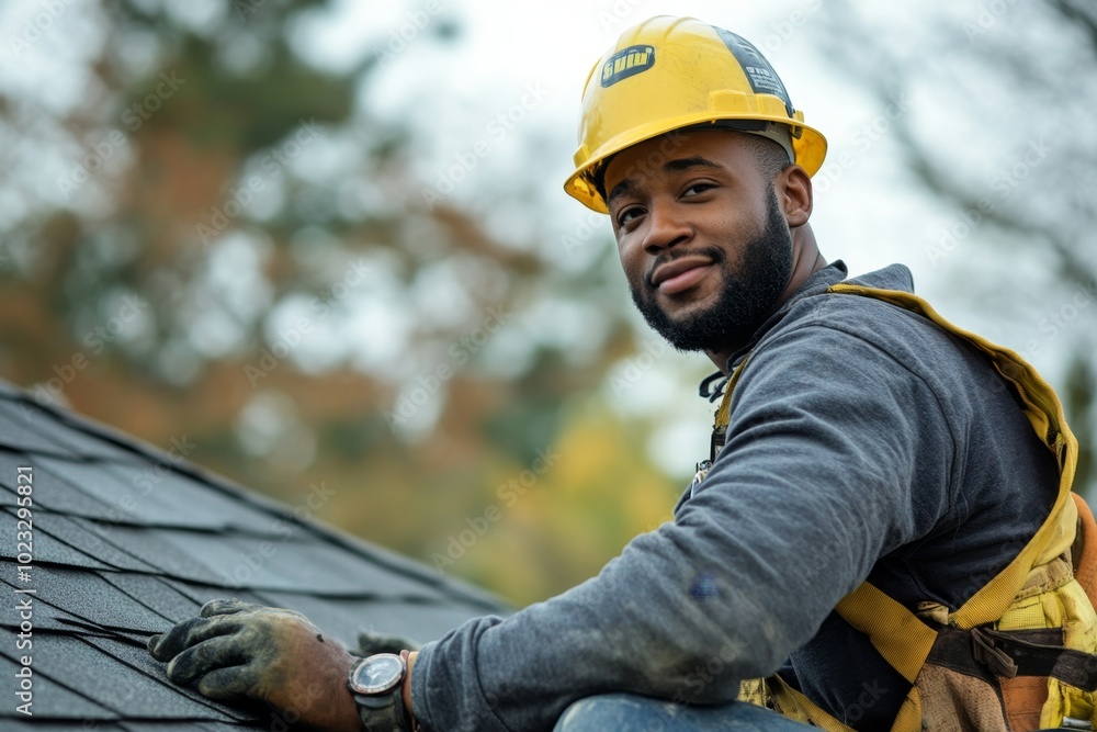 a roofer installs shingles on the roof. ai generated a roofer installs shingles on the roof. ai generated
