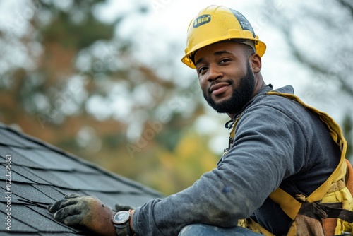 a roofer installs shingles on the roof. ai generated