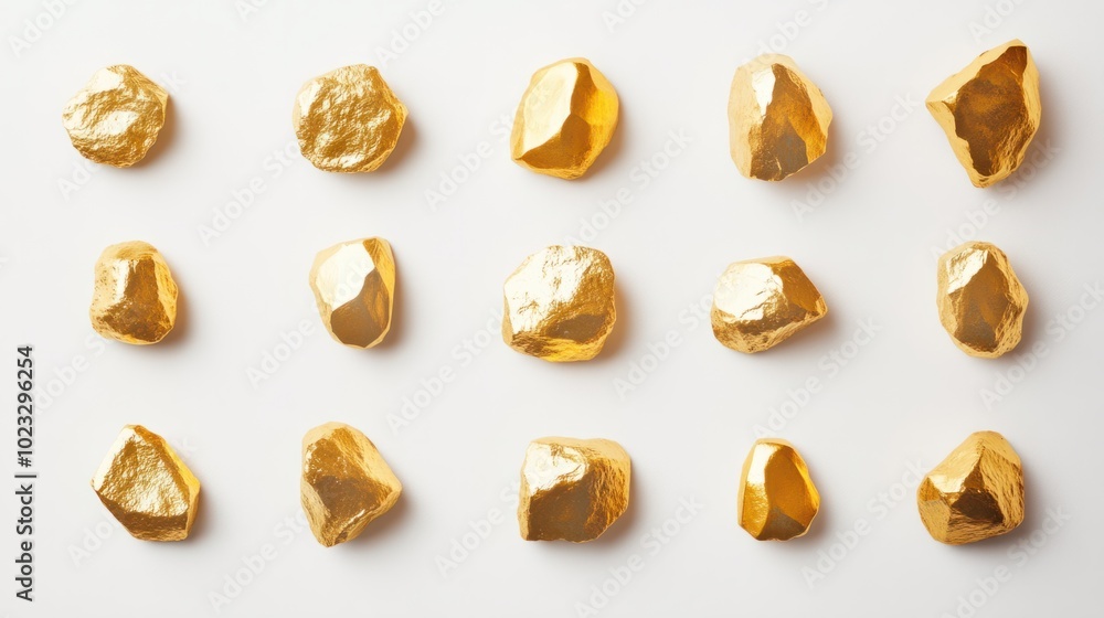A collection of glimmering gold nuggets isolated on a simple white background A collection of glimmering gold nuggets isolated on a simple white background