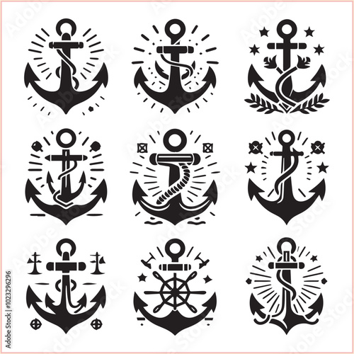 Set of sea anchor symbol set isolated anchor with a heart charm on white background vector illustration