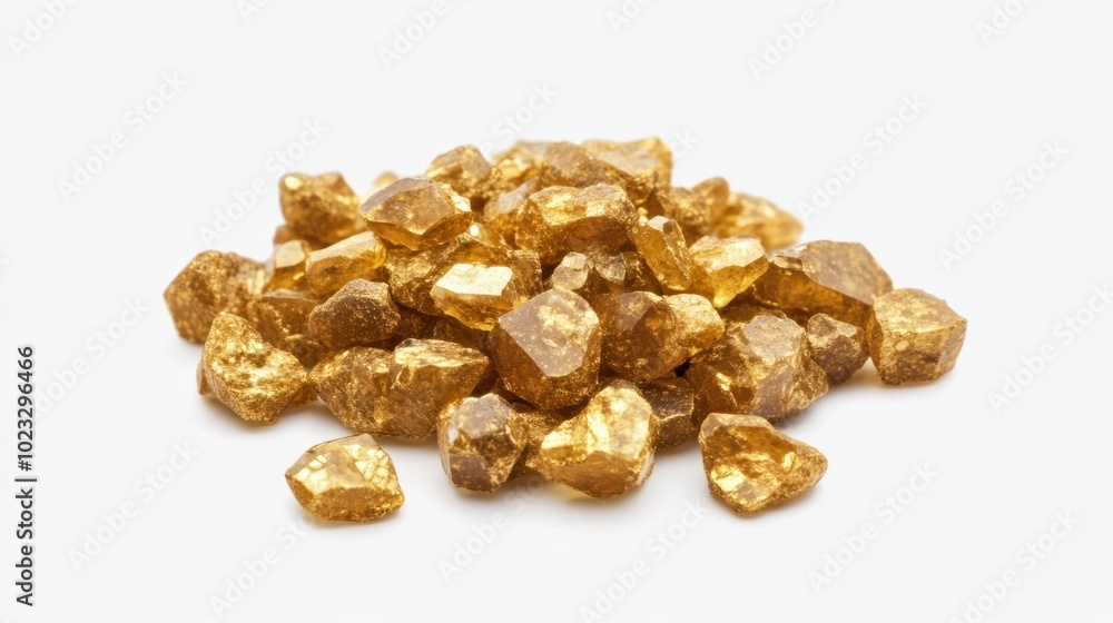 A pile of raw, unrefined gold nuggets isolated against a plain white backdrop A pile of raw, unrefined gold nuggets isolated against a plain white backdrop