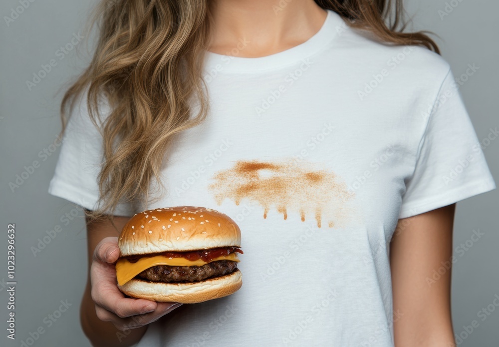 A woman holds a burger while wearing a shirt stained with sauce A woman holds a burger while wearing a shirt stained with sauce