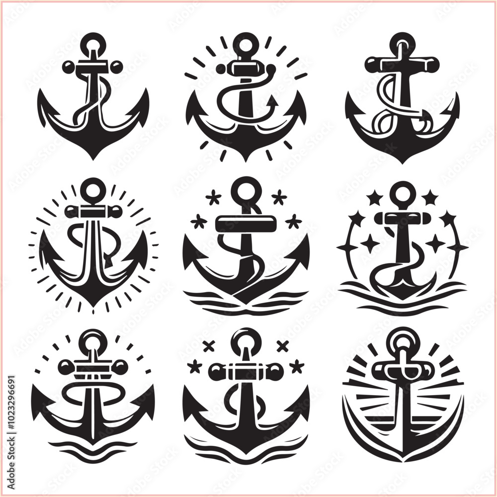 Set of sea anchor symbol set isolated anchor with a heart charm on white background vector illustration Set of sea anchor symbol set isolated anchor with a heart charm on white background vector illustration