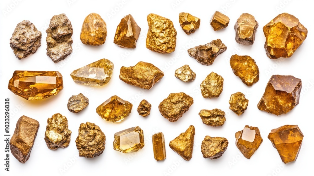 Assorted gold nuggets of different shapes and sizes isolated against a white backdrop Assorted gold nuggets of different shapes and sizes isolated against a white backdrop