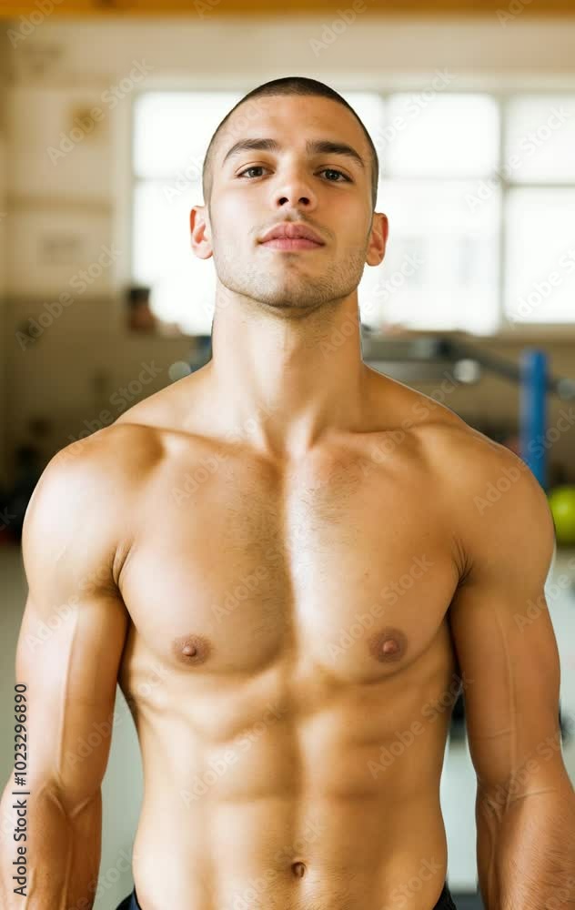 a man posing for a picture. He is shirtless and appears to be a bodybuilder, showing off his muscles and physique indoors. a man posing for a picture. He is shirtless and appears to be a bodybuilder, showing off his muscles and physique indoors.