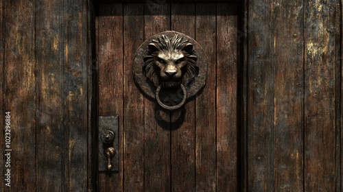 Lion Door Knocker on Rustic Wooden Door