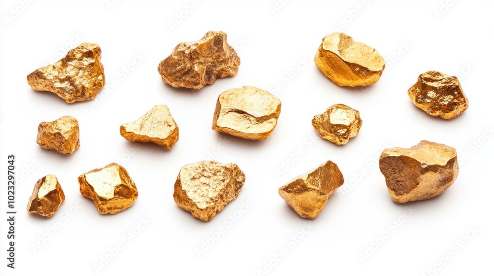 Assorted small and large raw gold nuggets with rough surfaces isolated on white Assorted small and large raw gold nuggets with rough surfaces isolated on white