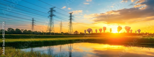 A beautiful sunrise over the countryside with power lines and a Flemish energy company's electric grid, energy storage facility