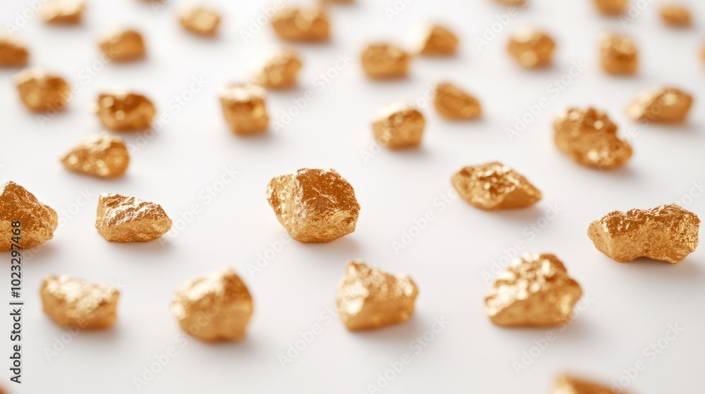 Assortment of small and large gold nuggets isolated on a clean white surface Assortment of small and large gold nuggets isolated on a clean white surface