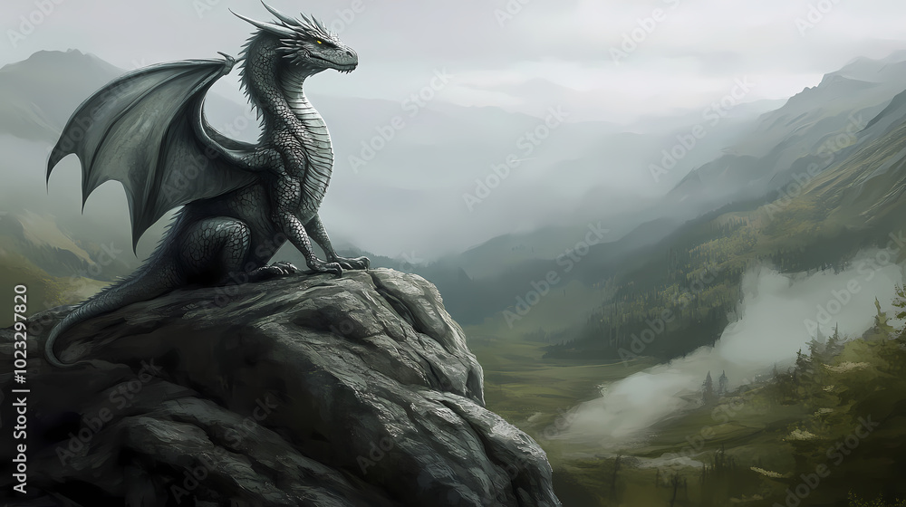 A majestic, grey dragon perched on a rocky crag overlooking a misty valley. Shadow Dragon. Illustration A majestic, grey dragon perched on a rocky crag overlooking a misty valley. Shadow Dragon. Illustration