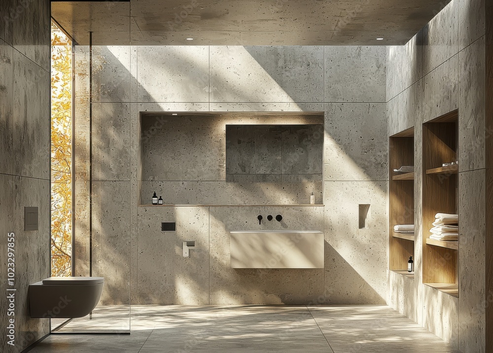 Modern bathroom with minimalist design featuring sleek fixtures and natural sunlight Modern bathroom with minimalist design featuring sleek fixtures and natural sunlight