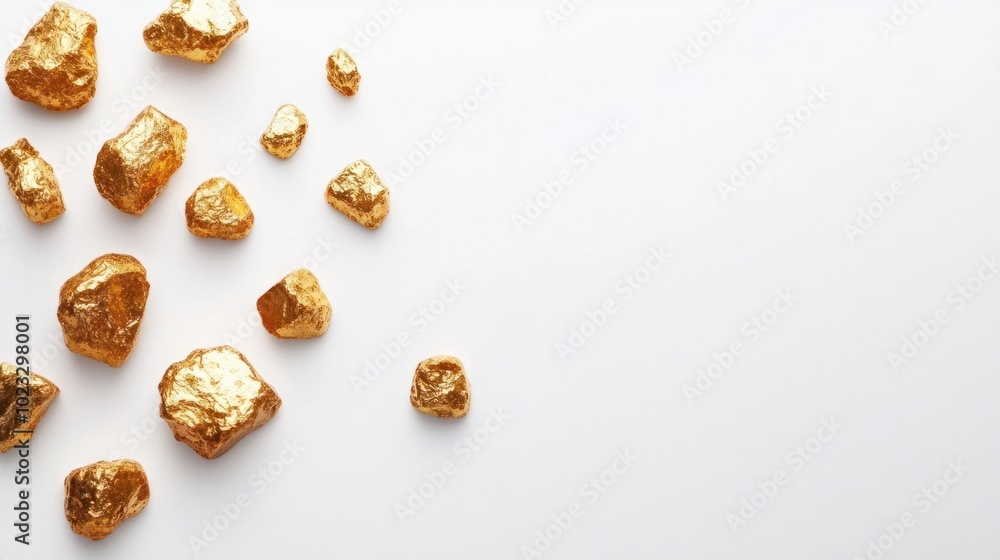 Collection of glittering gold nuggets on a plain white background Collection of glittering gold nuggets on a plain white background