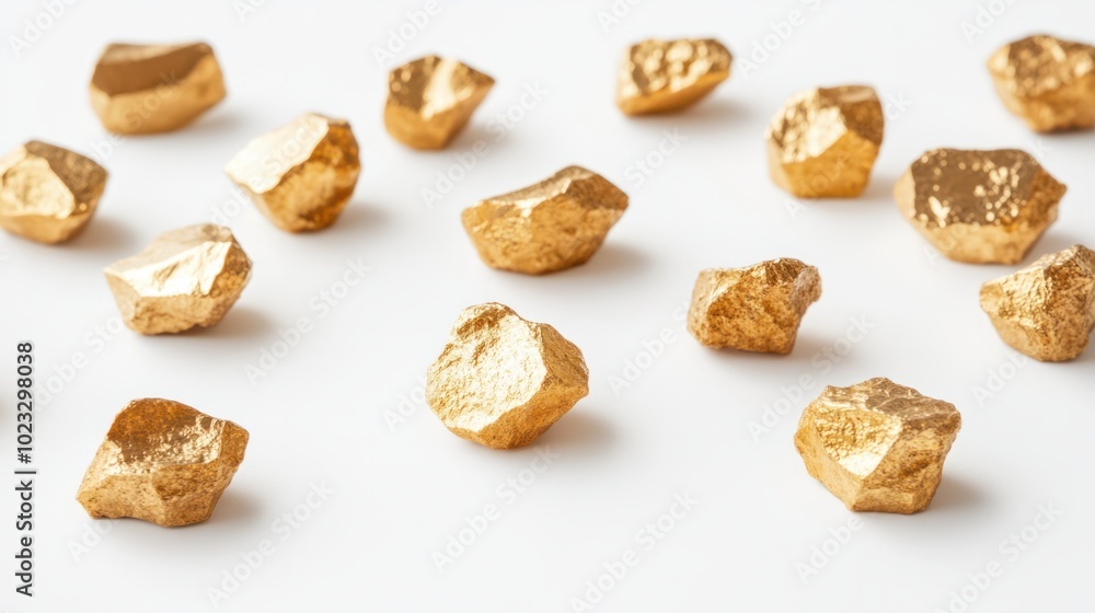 Collection of glittering raw gold nuggets with natural textures on a white surface Collection of glittering raw gold nuggets with natural textures on a white surface