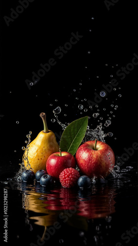 Banner with fruits and water splashes on black isolated background, studio lighting