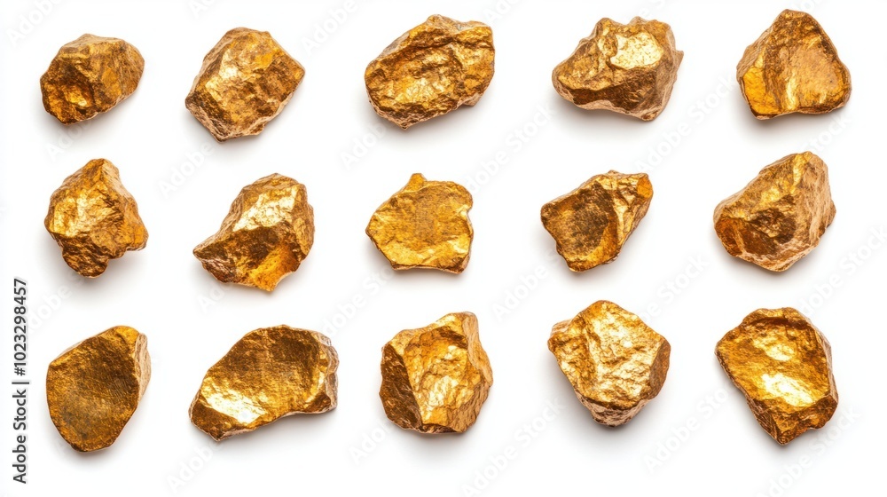 Collection of natural gold nuggets with rough edges isolated on a white background Collection of natural gold nuggets with rough edges isolated on a white background