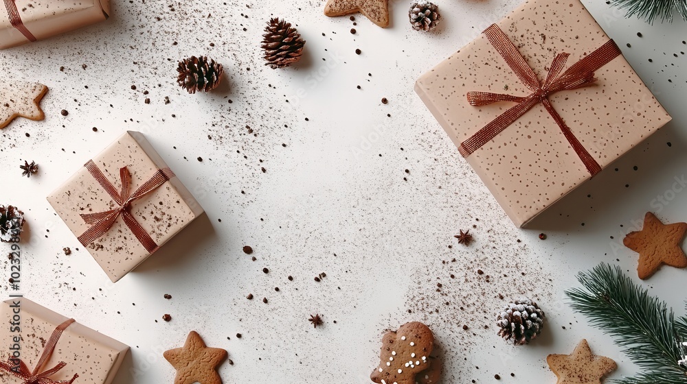 Flat lay of gifts, gingerbread cookies, pine cones, and other festive decorations on a white background. Flat lay of gifts, gingerbread cookies, pine cones, and other festive decorations on a white background.