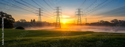 A beautiful sunrise over the countryside with power lines and a Flemish energy company's electric grid, energy storage facility