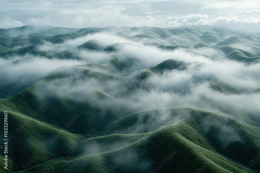 misty hill landscape, tranquil aerial view of mist-covered rolling hills, offering a serene and ethereal backdrop misty hill landscape, tranquil aerial view of mist-covered rolling hills, offering a serene and ethereal backdrop