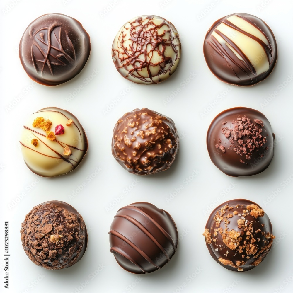 Nine gourmet chocolate truffles arranged in a grid, showcasing a variety of artistic designs and decadent fillings. perfect for a luxurious dessert experience or a gourmet gift. Nine gourmet chocolate truffles arranged in a grid, showcasing a variety of artistic designs and decadent fillings. perfect for a luxurious dessert experience or a gourmet gift.