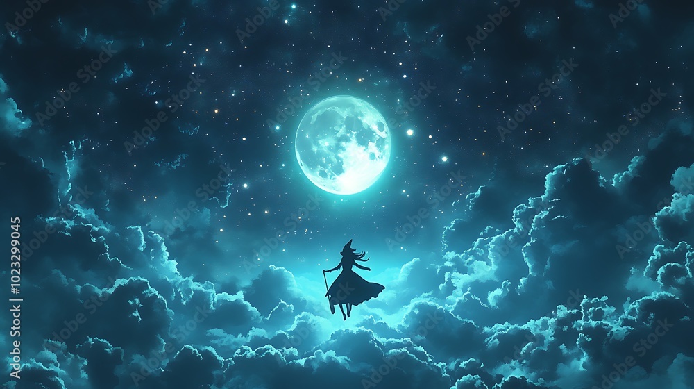 A spooky yet whimsical cartoon-style illustration of a witch soaring on a broomstick across a starry sky. The full moon glows behind her, illuminating the clouds and stars. A spooky yet whimsical cartoon-style illustration of a witch soaring on a broomstick across a starry sky. The full moon glows behind her, illuminating the clouds and stars.