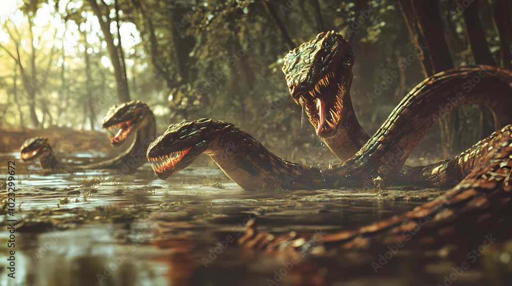 A mythical hydra with multiple heads, slithering through marshy terrain with its regenerative abilities. Hydra Rising. Illustration A mythical hydra with multiple heads, slithering through marshy terrain with its regenerative abilities. Hydra Rising. Illustration